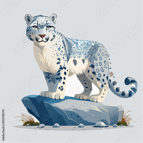 A captivating and majestic snow leopard, a symbol of the wild, gracefully standing atop a rugged rock, embodying the serene beauty and untamed spirit of its natural habitat