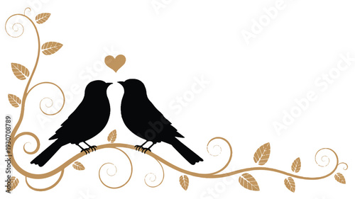 A decorative corner design featuring two black silhouette birds perched on an ornate golden vine branch (1)_traced