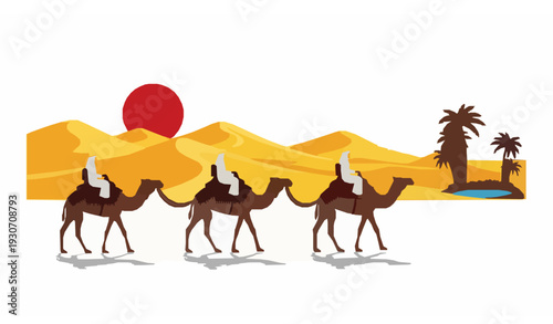 Arabian Desert Caravan with Riders and Red Sun Oasis Landscape Vector Illustration