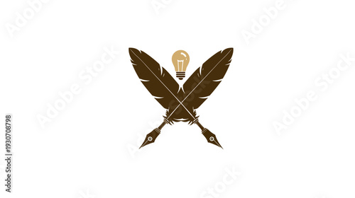 Stylized emblem featuring crossed quill pens with a lightbulb in the center, on a white backdrop