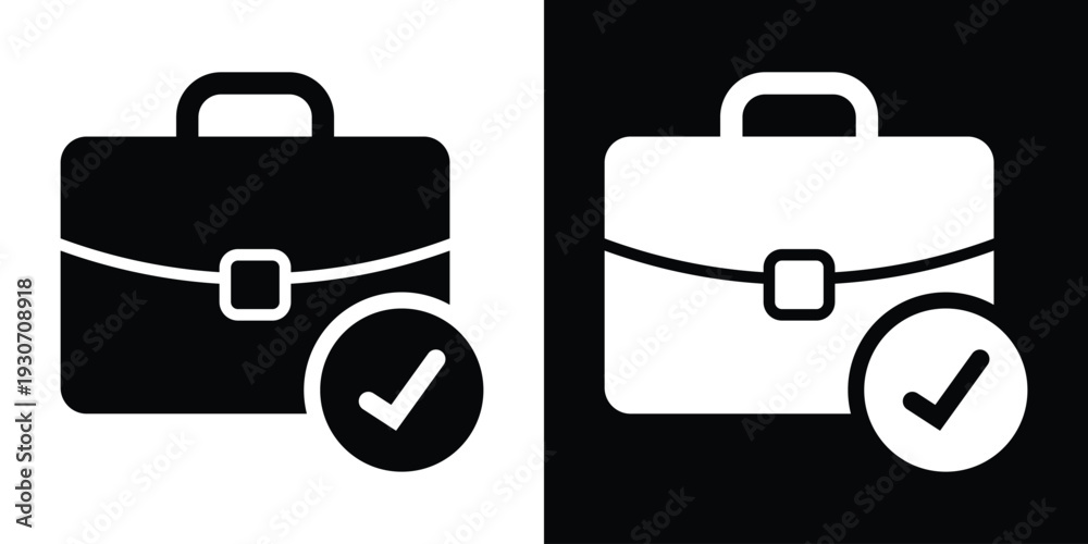 Obraz premium Bold briefcase icon with a checkmark symbol. Represents completed business tasks, project success, approved work, and job completion. Modern black and white flat vector.