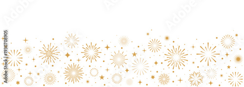 Fireworks banner, gold holidays border with stars