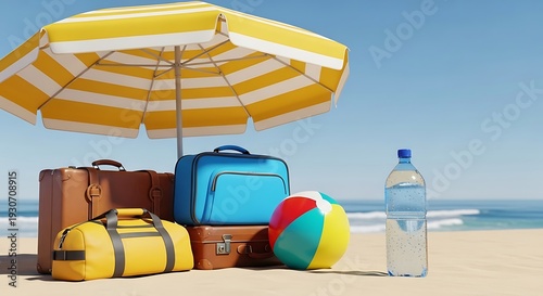 Beach scene with luggage umbrella and water bottle against blue sky