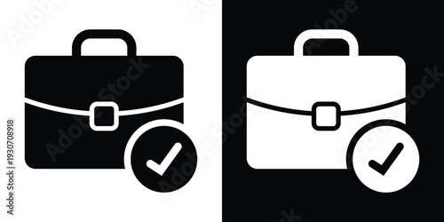 Bold briefcase icon with a checkmark symbol. Represents completed business tasks, project success, approved work, and job completion. Modern black and white flat vector.