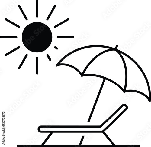 Simple Beach Chair Umbrella and Sun Icon Black and White Summer Vacation Outline Illustration Design