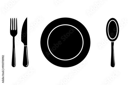 A black and white image of a plate with silverware Vector