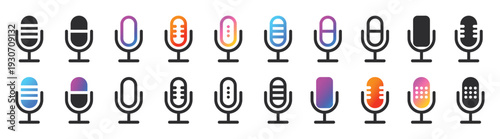 Microphone icons. Podcast icons set. Podcast microphone signs. Vector illustration