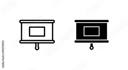 Presentation screen icons, outline and solid black, symbolizing business presentations, lectures, and information sharing.
