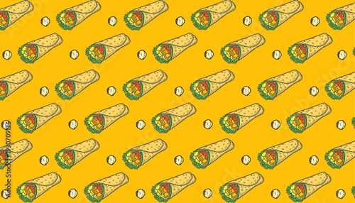 Kebab Seamless Pattern. Grilled Meat Wrap Motif. Hand Drawn Outline Style. Repeating Fastfood Background. Packaging Textile Design.
