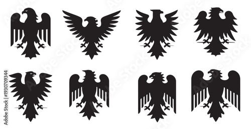 Heraldic eagles, falcons and hawks set Vector Black silhouettes. with white background