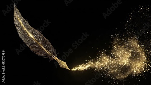 A detailed golden feather pen with sparks against a black background