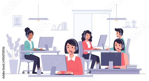Customer Service Call Center Team Working in Office | Vector Illustration of Diverse Support Agents with Headsets and Computers for Helpline, Telemarketing, and Business Communication Concept
