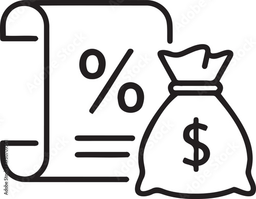 Simple black and white illustration of a document with percentage symbol alongside a money bag representing financial transactions or interest rates.