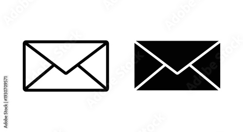 Envelope icon set for email, message and communication concepts - black and white vector graphic