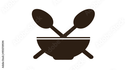 A dark brown bowl with two crossed spoons depicted against a white background. Simple and minimalist