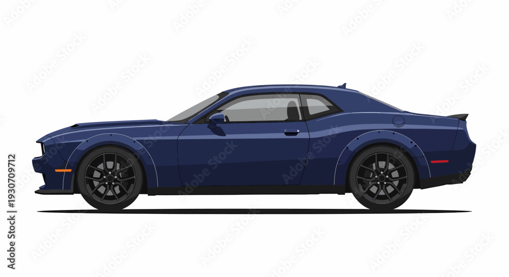 Fototapeta premium Blue sports car side view with black wheels and orange reflector