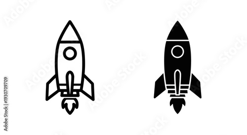 Rocket icon set for launch, startup and success concepts - black and white vector graphic