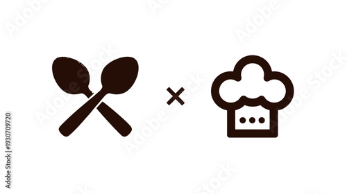 Brown utensils crossed with a multiplication symbol, followed by a chef's hat icon on a white background