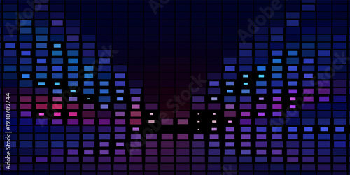 Abstract digital equalizer background composed of glowing blue square pixels forming a symmetrical sound wave pattern on a dark background.