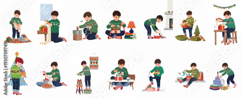 Joyful boy celebrating Christmas: wrapping and unwrapping presents, surrounded by festive decor, showcasing holiday spirit.