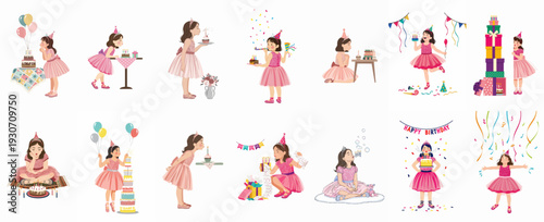 Birthday fun: A charming collection of illustrations showing a young girl's joyous celebration with cake, gifts, and festive decorations.