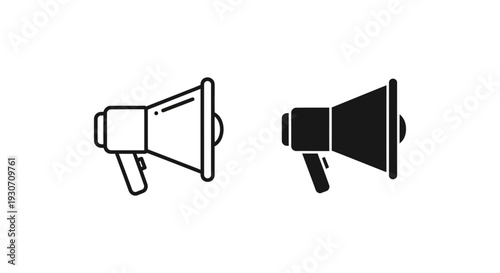 Megaphone icon set for announcement, news and promotion concepts - black and white vector illustration