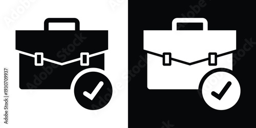 Bold briefcase icon with a checkmark symbol. Represents completed business tasks, project success, approved work, and job completion. Modern black and white flat vector.