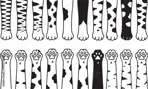 Set of various animal paws and legs with different patterns isolated on transparent background