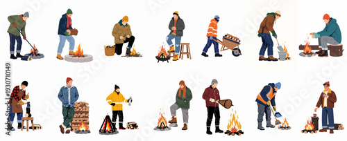 Illustrated scenes of men building, stoking, and enjoying campfires, showcasing winter outdoor activities, firewood preparation, and seeking warmth in cold weather.