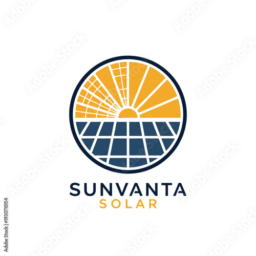 Circular sun and solar panel grid icon logo for renewable energy company Sunvanta Solar