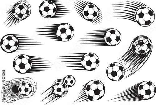Set of soccer balls with motion trails isolated on transparent background for sports design