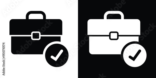 Bold briefcase icon with a checkmark symbol. Represents completed business tasks, project success, approved work, and job completion. Modern black and white flat vector.