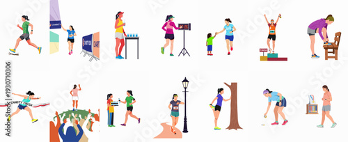 Diverse illustrations of women participating in a running event, showcasing preparation, charity runs, race day activities, hydration, and celebratory moments.