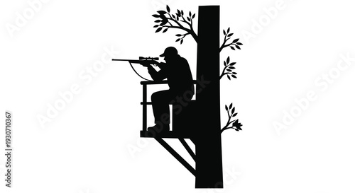 A hunter aims a rifle from a tree stand overlooking foliage depicted in a striking black silhouette high quality professional detailed