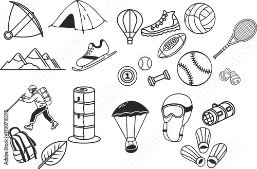 Set of outdoor adventure, camping, and sports equipment line art icons in minimalist black and white style