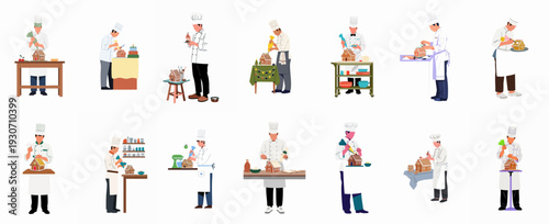 A collection of chefs and bakers meticulously decorating festive gingerbread houses, preparing sweet holiday treats with icing and candies.
