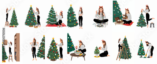 Woman Decorating Christmas Tree: A Series of Holiday Preparations, Hanging Ornaments, Lights, and Cleaning for the Festive Season Celebration