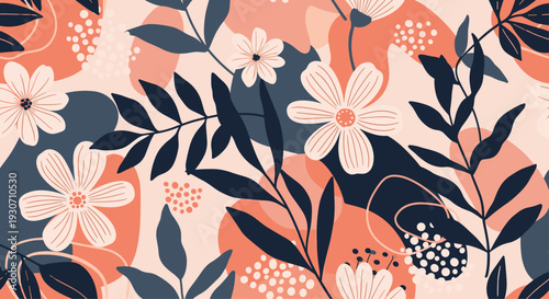 Bold seamless floral pattern showcasing large white flowers and dark navy leaves set against peach and pink abstract backgrounds.