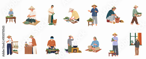 Vietnamese people traditionally preparing Banh Chung rice cakes for Tết celebration, showcasing cultural heritage and culinary traditions in a festive setting.