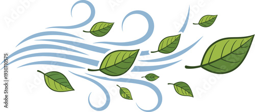 Simple cartoon illustration depicts several vibrant green leaves being swept away by strong blue wind currents across a white background