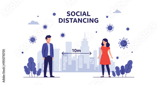 Illustration of social distancing concept showing a man and a woman standing ten meters apart in a city setting.
