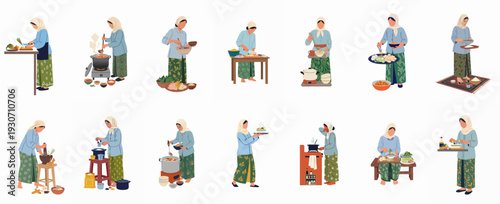 Collection of women in traditional attire preparing and cooking various authentic meals, showcasing diverse culinary activities and kitchen processes.
