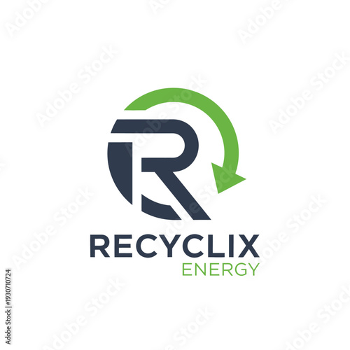 Letter R recycle arrow logo for waste management and green power Recyclix Energy