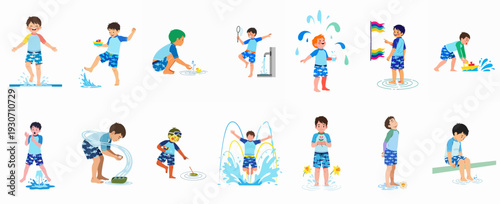 Cheerful boys playing with water, enjoying summer fun activities, splashing and having a refreshing time with various toys and fountains.