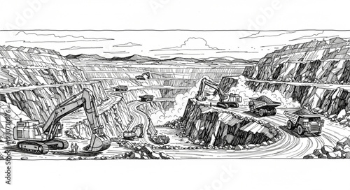 Grand Canyon Landscape Black White Illustration.