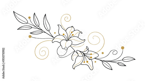 A decorative floral design element in black and gold line art style (4)_traced