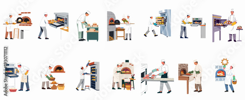 Professional bakers crafting diverse fresh breads, cakes, and pastries using traditional brick ovens and modern industrial bakery equipment, showcasing culinary skill and expertise.