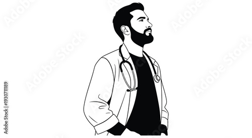 A striking black and white illustration depicts a bearded doctor wearing a lab coat and stethoscope a bold silhouette high quality
