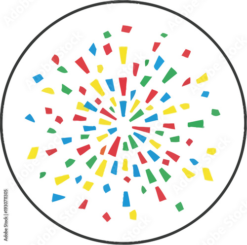 Vibrant abstract graphic depicting colorful confetti explosion contained perfectly within a simple black circular border design