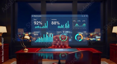 Professional using futuristic holographic dashboard displaying business performance metrics in modern home office with warm lighting, analytics, sales, marketing, and operations data visualization